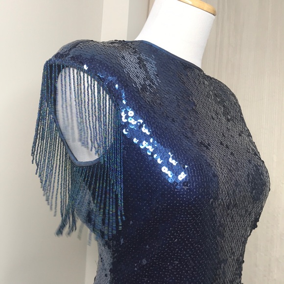 SOLD πVTG Blue Sequin Midi Fringe Open Back Dress M - Picture 10 of 16